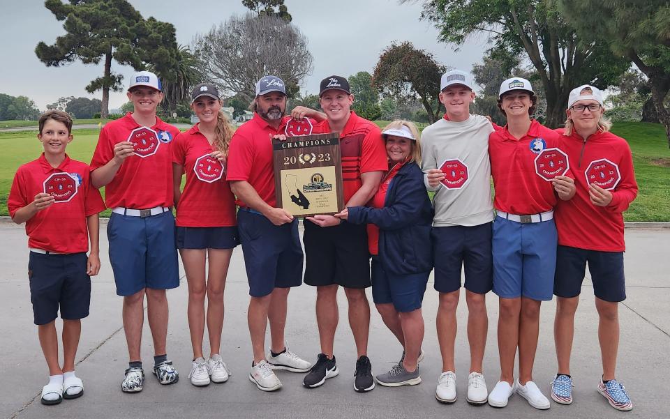 The Academy of Careers & Exploration golf team poses for a photo after claiming the CIF-Southern Section Division 6 title at Meadowlark Golf Course, on May 15. The Eagles captured the crown with a team score of 384.