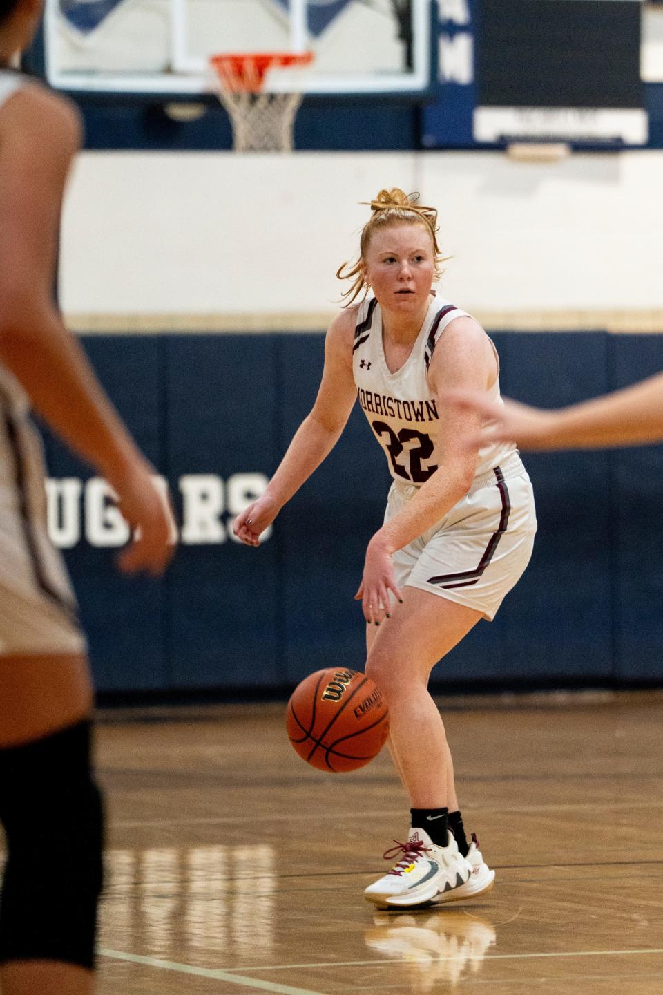Jan 5, 2024; Chatham, NJ, USA; Morristown #22 Cameron McGinley with the ball as Chatham hosts Morristown in NJAC-American girls basketball game at Chatham High School gym.