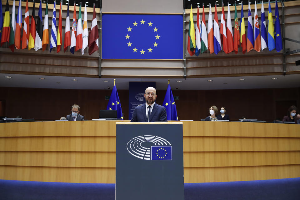 European Council President Charles Michel addresses European lawmakers during a plenary session on the inauguration of the new President of the United States and the current political situation, at the European Parliament in Brussels, Wednesday, Jan. 20, 2021. (AP Photo/Francisco Seco, Pool)
