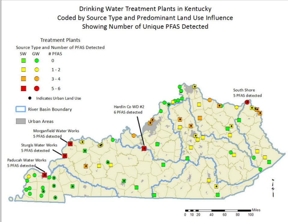 The state tested for PFAS chemicals at dozens of Kentucky water-treatment plants in 2019. This map shows where the chemicals were detected.