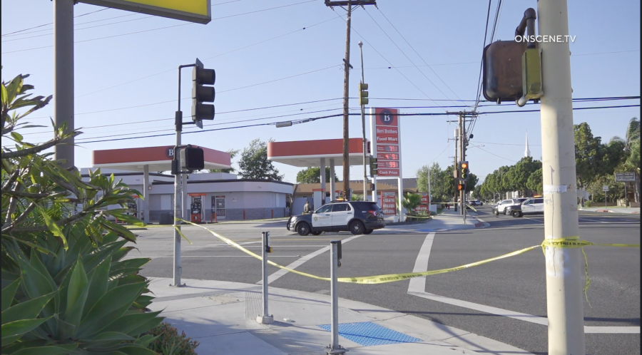 This gas station was the scene of a shooting involving an off-duty LAPD officer in Bellflower. The Los Angeles Sheriff’s Department says it appears that the officer was caught in the crossfire of a gang-related shooting on May 5, 2024. (OnScene.TV)