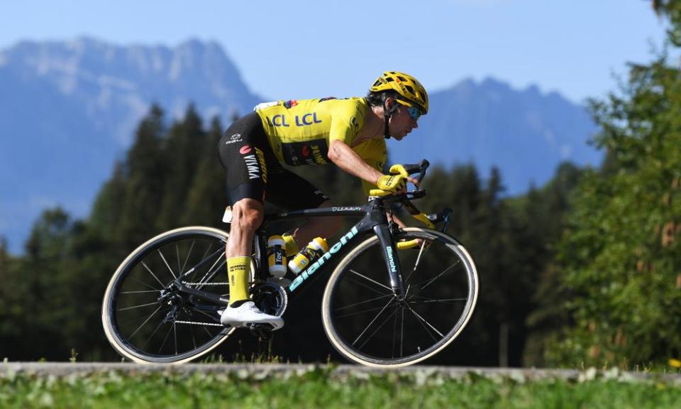 The Tour de France leader Primoz Roglic (Team Jumbo-Visma) speeds down a descent on stage 18.