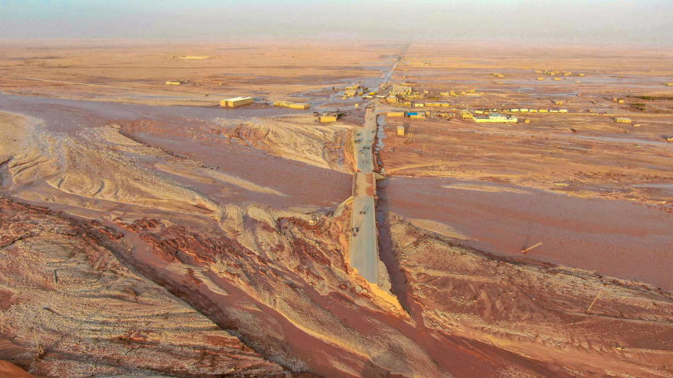 Floodwaters cover the area after a powerful storm and heavy rainfall hit Al-Mukhaili, Libya, on September 11, 2023, in this handout picture. / Credit: Libya Al-Hadath/Handout via Reuters