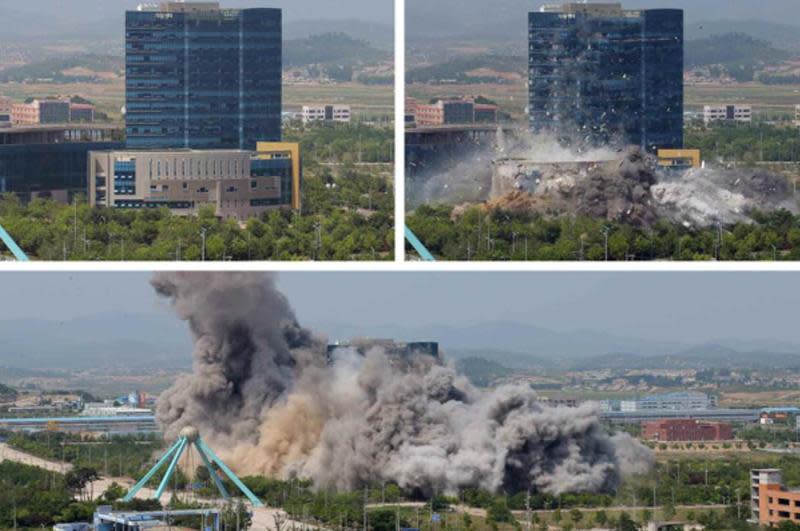 北韓炸毀了兩韓聯絡辦公室大樓，兩韓關係更加緊張。（翻攝自勞動新聞網www.rodong.rep.kp）