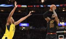 Apr 18, 2018; Cleveland, OH, USA; Cleveland Cavaliers forward LeBron James (23) shoots over the defense of Indiana Pacers center Myles Turner (33) during the second half in game two of the first round of the 2018 NBA Playoffs at Quicken Loans Arena. Mandatory Credit: Ken Blaze-USA TODAY Sports