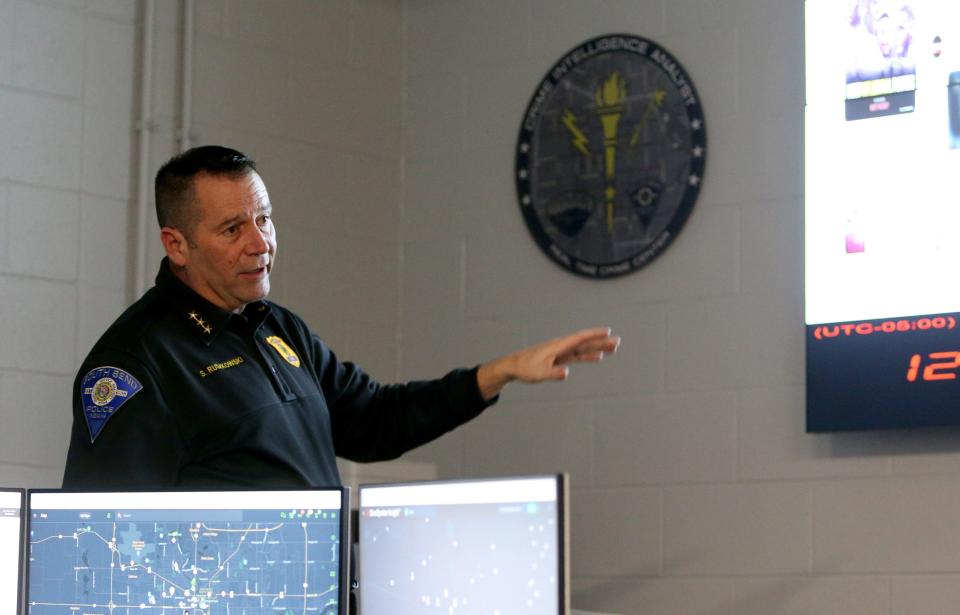 South Bend Police Chief Scott Ruszkowski makes a point Tuesday, Feb. 21, 2023, in the South Bend Police Department’s new Real Time Crime Center in the central police station.