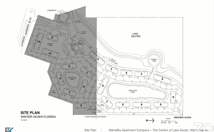 The current site plan for The Carlton of Lake Dexter, a 300-unit apartment community.