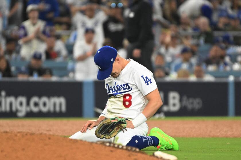 Dodgers shortstop Kike Hernandez reacts to a failed out attempt against the Diamondbacks on Oct. 10, 2023.