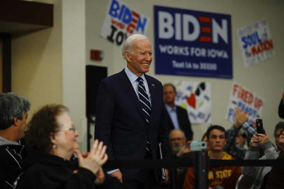 Democratic presidential candidate former Vice President Joe Biden arrives for a campaign event, Tuesday, Jan. 21, 2020, in Ames, Iowa. (AP Photo/Matt Rourke)