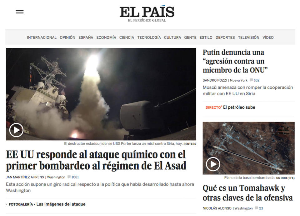 World response in headlines to U.S. Syria Strikes: El Pais