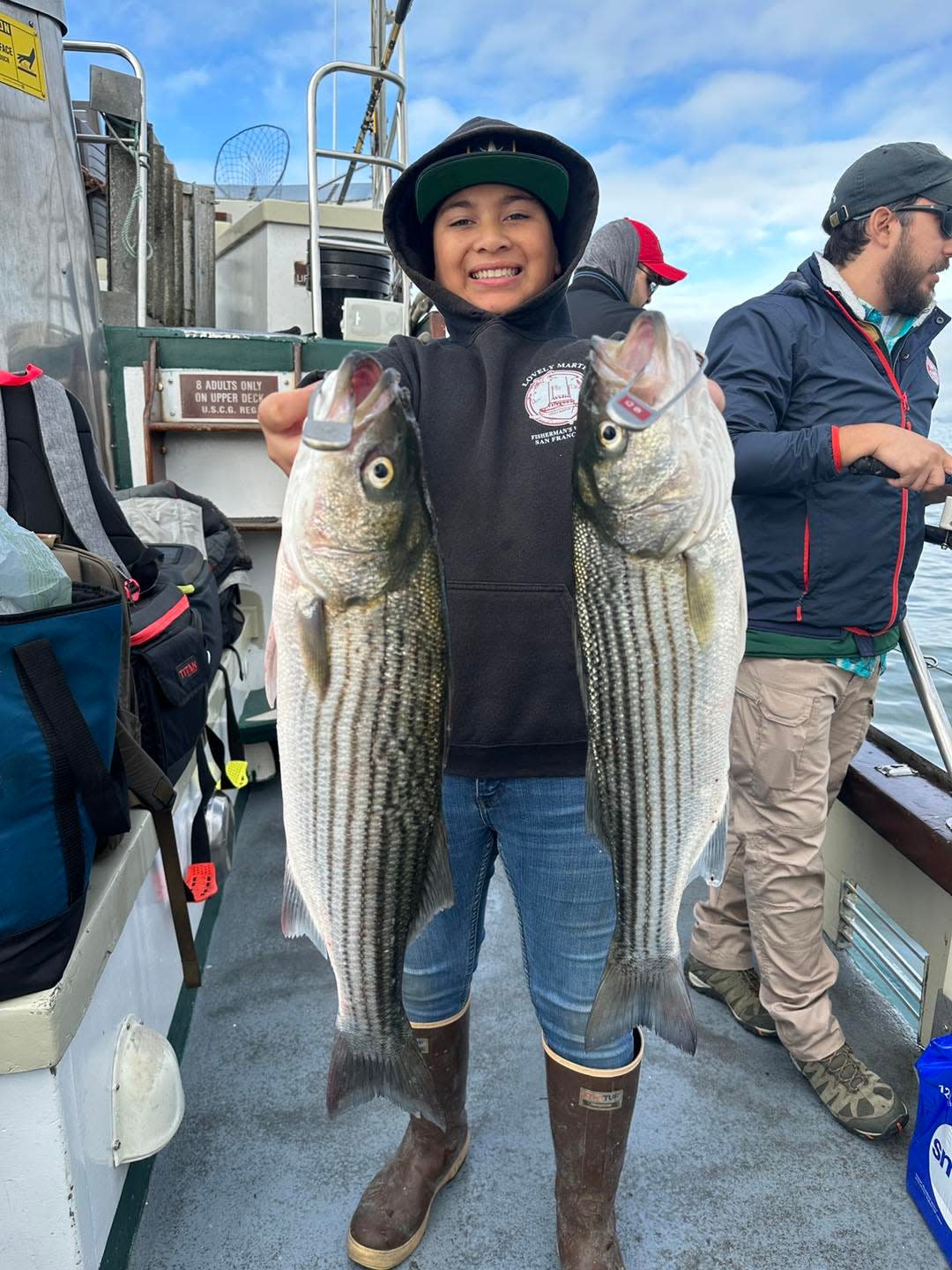 Striped bass fishing has been superb on San Francisco Bay over the past month. This angler shows off a limit of striped bass caught while drifting live anchovies in the bay aboard the Lovely Martha this October.