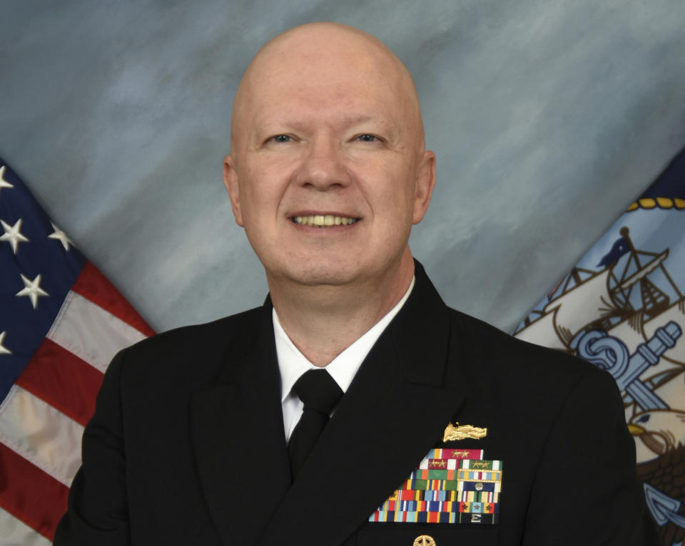 This image provided by the U.S. Navy shows Rear Adm. Jeffrey Harley, president of the U.S. Naval War College in Newport, R.I. Dozens of emails, which span from December 2017 to May 2019, were shared with The Associated Press by people at the war college who said they were concerned about Rear Adm. Harley's leadership and judgment. (U.S. Navy via AP)