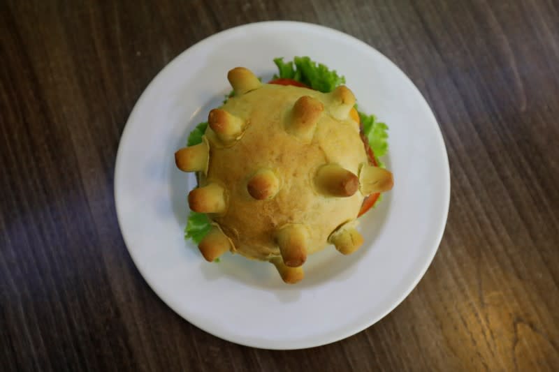 A burger shaped as coronavirus is seen at a restaurant in Hanoi