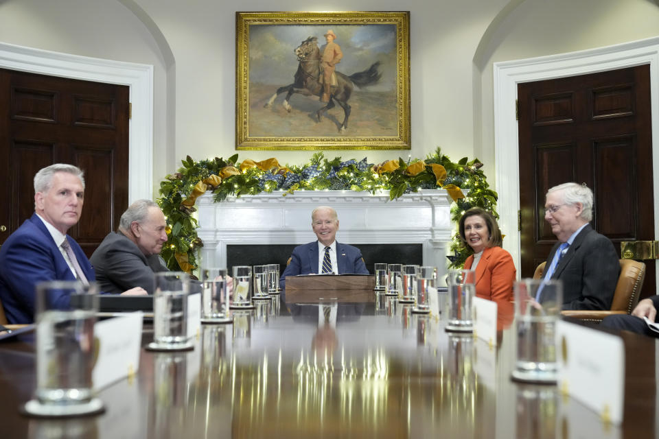 President Joe Biden, center, at the top of a meeting with congressional leaders to discuss legislative priorities for the rest of the year, Tuesday, Nov. 29, 2020, in the Roosevelt Room of the White House in Washington. From left are House Minority Leader Kevin McCarthy of Calif., Senate Majority Leader Chuck Schumer, of N.Y., Biden, House Speaker Nancy Pelosi of Calif., and Senate Minority Leader Mitch McConnell of Ky. (AP Photo/Andrew Harnik)