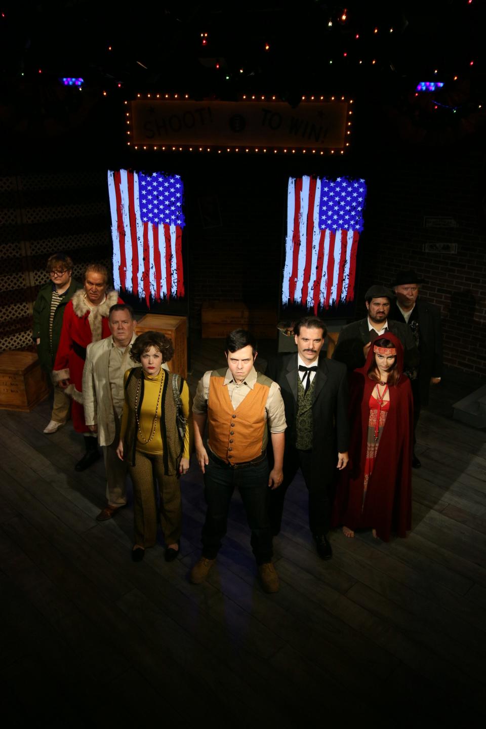 Robert Berry, Terrence Girard, Alan Selby, Samantha Cochran, Richard Klenotich, Anthony Detrano, Sofia Puritz, Anthony Santiago, Rob Dickman perform in the musical "Assassins," on stage at Melbourne Civic Theatre through Sept. 11, 2022. Visit mymct.org.