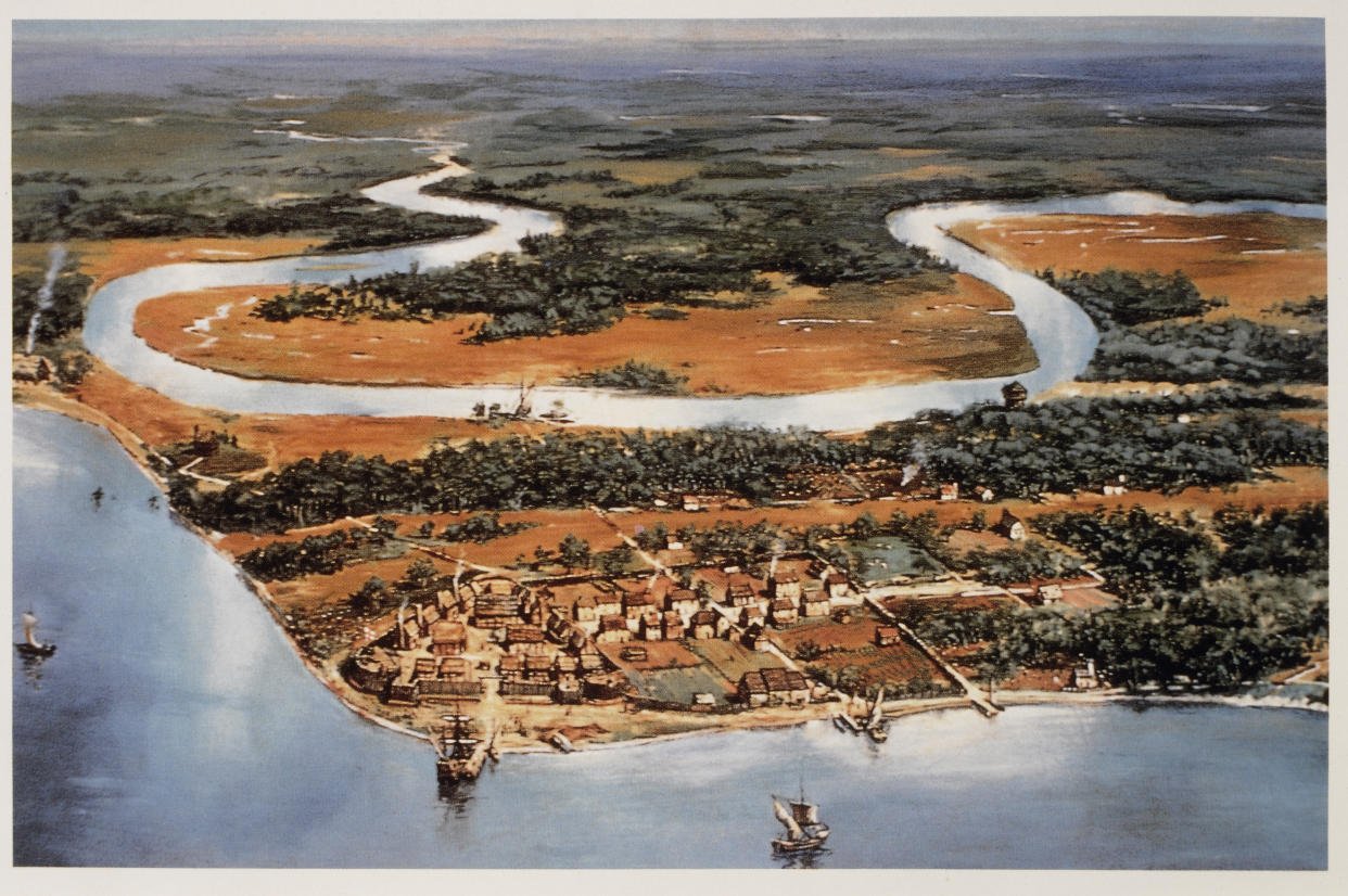 A view of from above shows Jamestown, surrounded on all sides by a river and a larger body of water.