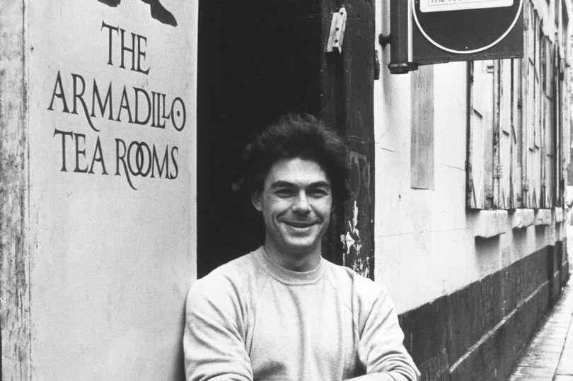 Martin Cooper stands in front of his café-restaurant The Armadillo Tea Rooms in Mathew Street. June 21, 1982