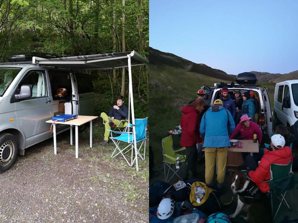 the van with a tent propped up and a stove outside; a group of people crowded around a table in the back of a van