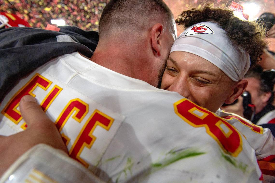 Kansas City Chiefs quarterback Patrick Mahomes hugs tight end Travis Kelce after defeating the Philadelphia Eagles 38-35 in the Super Bowl LVII football game on Sunday, Feb. 12, 2023, in Glendale, Ariz.