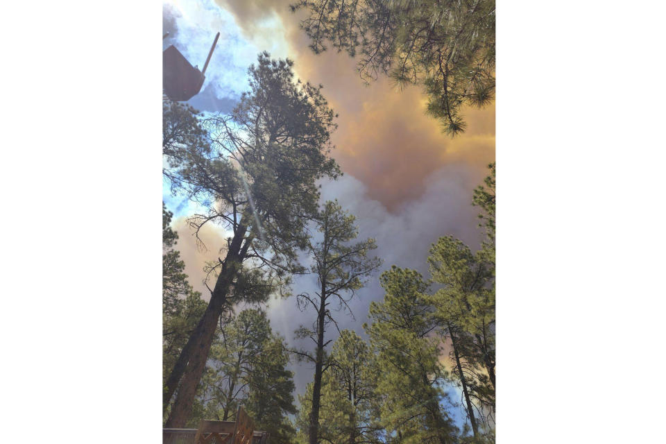 Smoke from a wildfire rises over trees in Ruidoso, N.M., Monday, June 17, 2024. Residents of the mountain village of about 7,000 residents fled their homes under evacuation orders with little time to rescue belongings. (Jacquie Escajeda via AP)