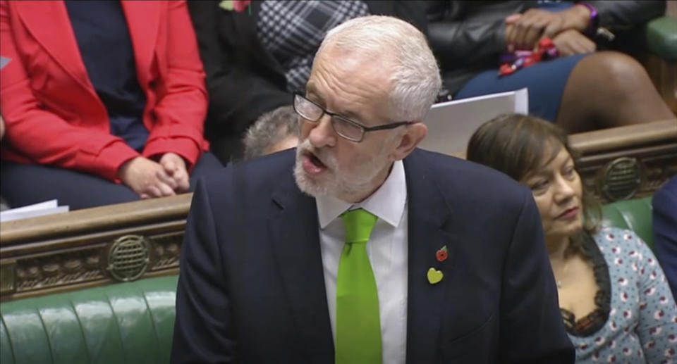 Britain's Labour leader Jeremy Corbyn speaks during Prime Minister's Questions in the House of Commons, London, Wednesday, Oct. 30, 2019. Corbyn and Britain's Prime Minister Johnson are gearing up to trade barbs over Brexit and public spending Wednesday as campaigning unofficially kicked off for the country's crucial yet wildly unpredictable Dec. 12 general election. (House of Commons via AP)