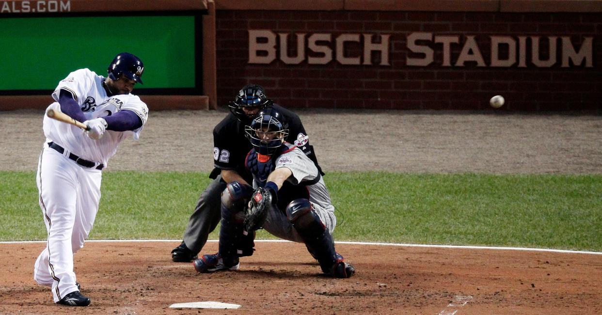 Prince Fielder of the Milwaukee Brewers hits a run scoring ground rule double during the second inning of the MLB All-Star baseball game in St. Louis, Tuesday, July 14, 2009.