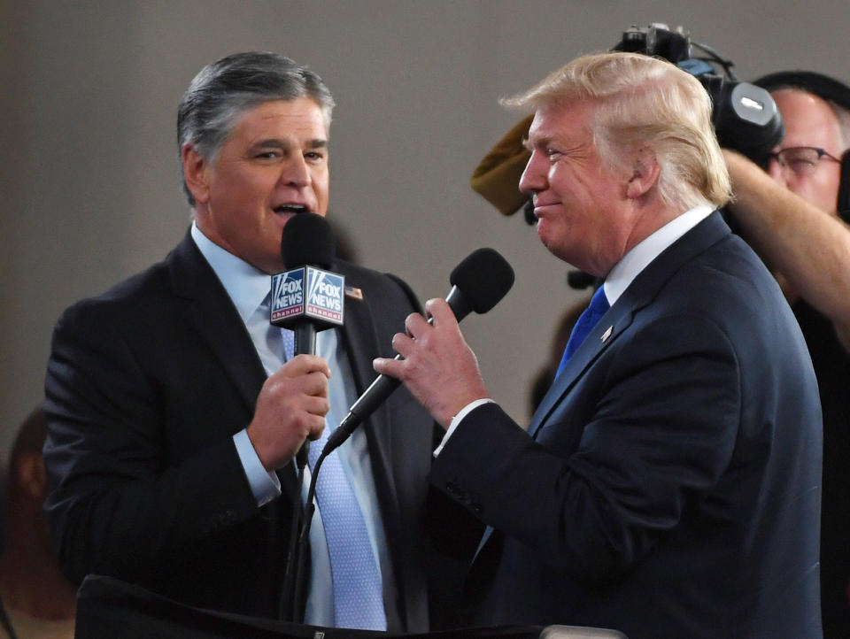 LAS VEGAS, NV - SEPTEMBER 20: Fox News Channel and radio talk show host Sean Hannity (L) interviews U.S. President Donald Trump before a campaign rally at the Las Vegas Convention Center on September 20, 2018 in Las Vegas, Nevada. Trump is in town to support the re-election campaign for U.S. Sen. Dean Heller (R-NV) as well as Nevada Attorney General and Republican gubernatorial candidate Adam Laxalt and candidate for Nevada's 3rd House District Danny Tarkanian and 4th House District Cresent Hardy. (Photo by Ethan Miller/Getty Images)