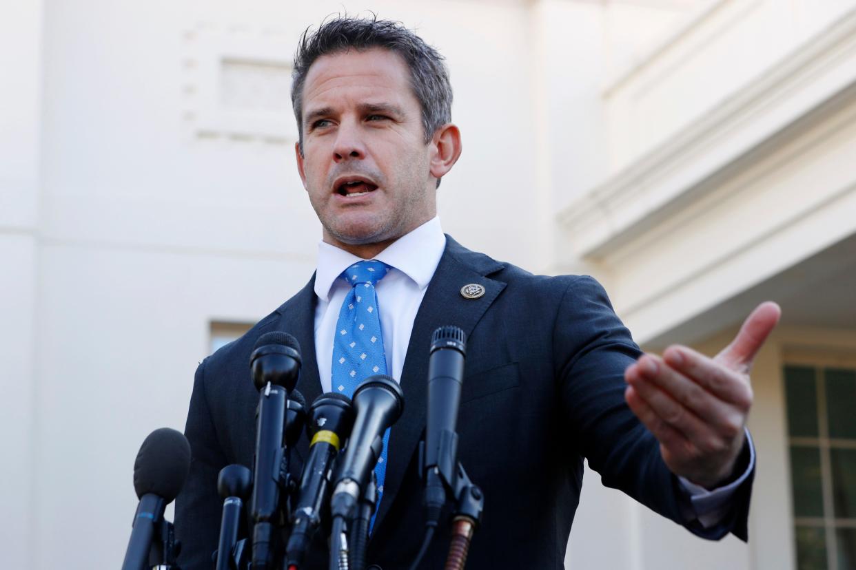 Rep. Adam Kinzinger, R-Ill., speaks to the media at the White House in Washington. 