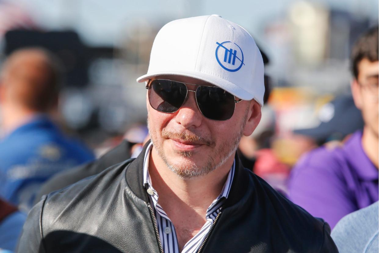 Pitbull in white hat and sunglasses