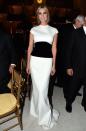 <p>Ivanka went for a full monochrome look in a white Carolina Herrera gown complete with a huge draping bow. <i>[Photo: Rex]</i> </p>