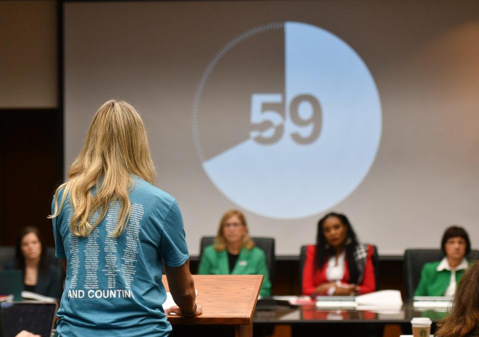 MSU alumna Jennifer Hayes addresses the MSU Board of Trustees, Friday, Oct. 27, 2023, during a board meeting at the Hannah Administration Building in East Lansing.