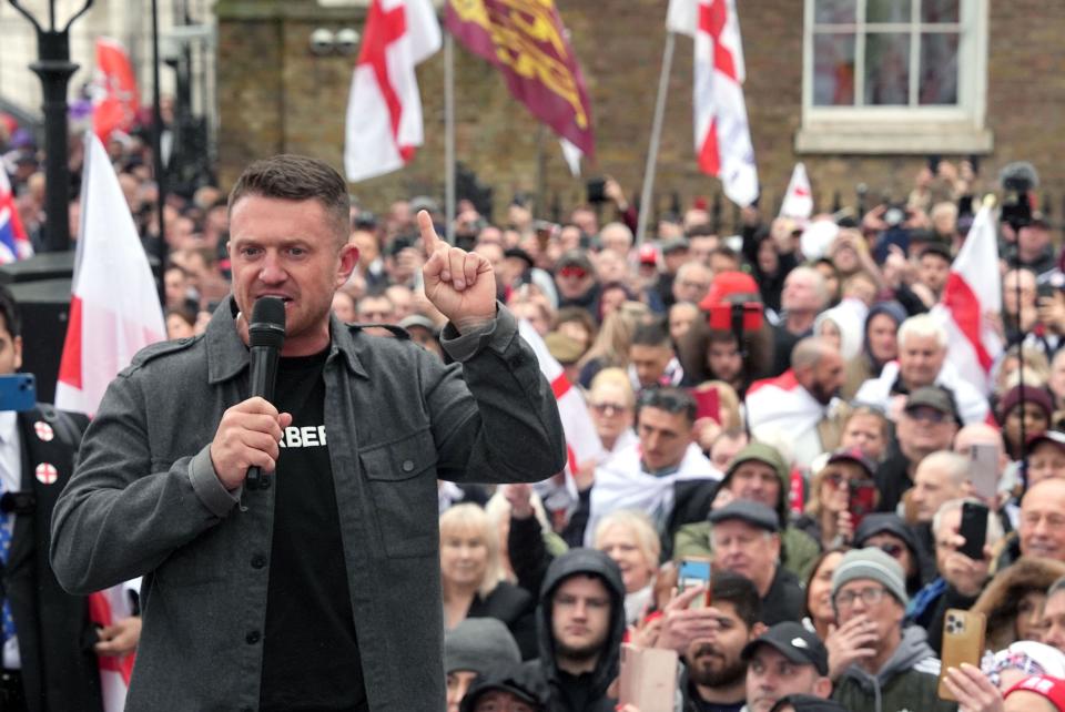 Tommy Robinson, real name Stephen Yaxley Lennon speaking during a St George's Day rally on Whitehall, in Westminster, central London. Picture date: Tuesday April 23, 2024.