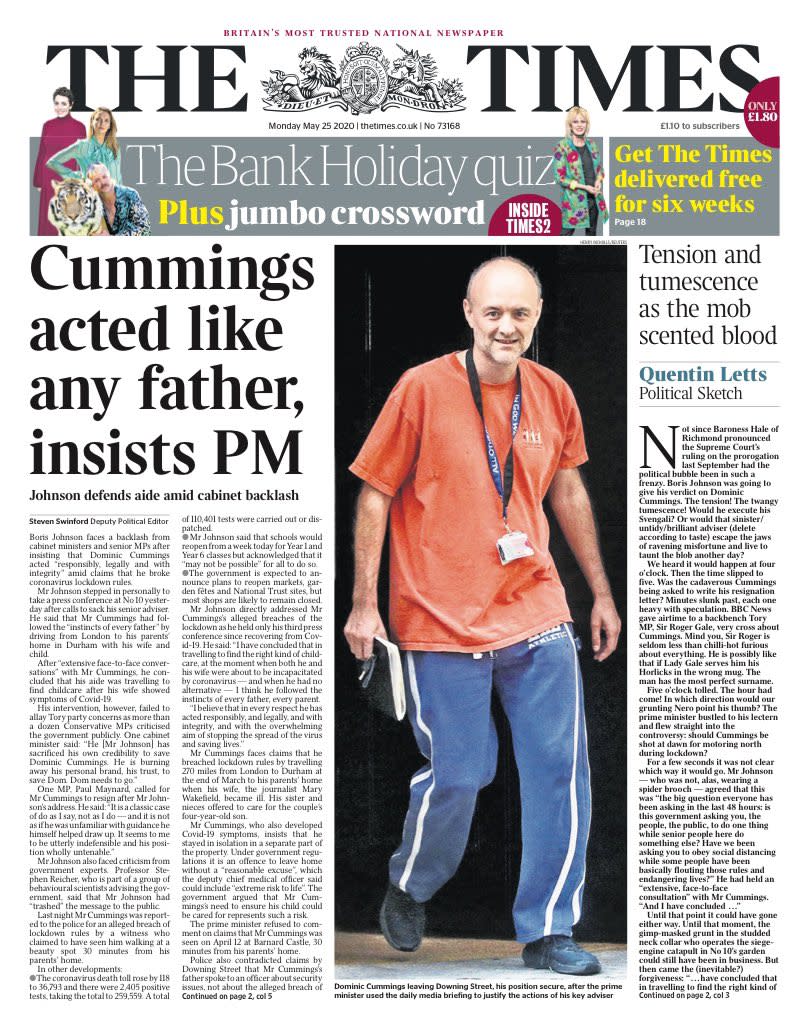 The Times defended Boris Johnson and Dominic Cummings.