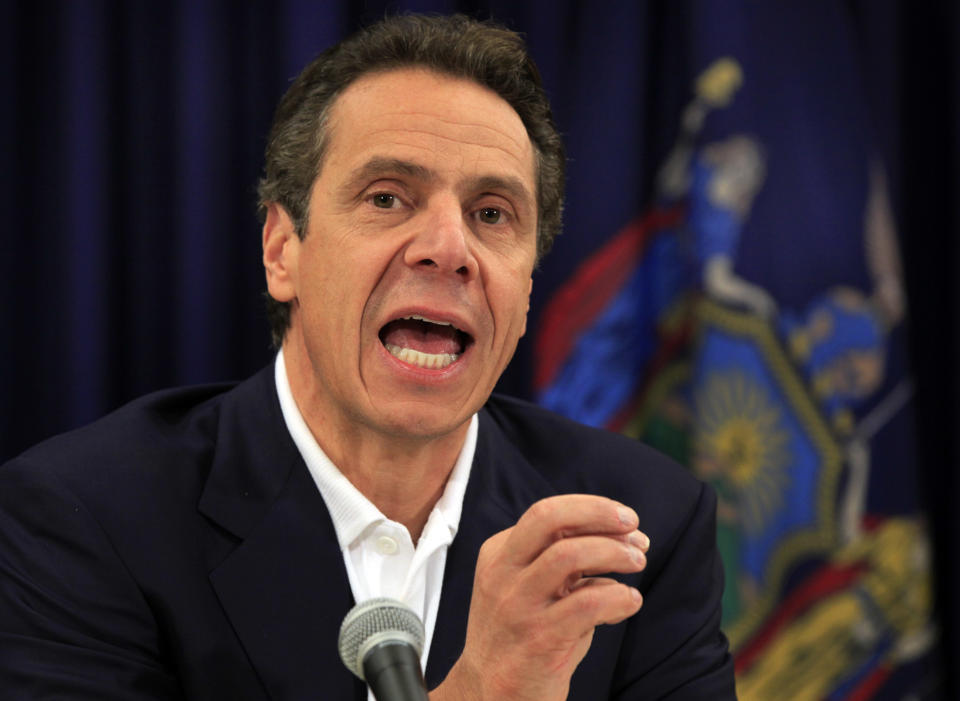 New York Gov. Andrew Cuomo makes a point a news conference in New York, Thursday, Nov. 8, 2012. Gov. Cuomo said damage in New York state from Superstorm Sandy could total $33 billion when all is said and done, as the state began cleaning up from a nor'easter that dumped snow, brought down power lines and left hundreds of thousands of new customers in darkness. (AP Photo/Richard Drew)