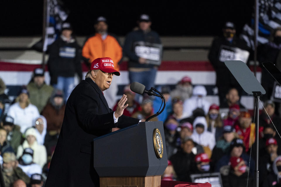 President Donald Trump speaks during a campaign rally at Southern Wisconsin Regional Airport, Saturday, Oct. 17, 2020, in Janesville, Wis. (AP Photo/Alex Brandon)