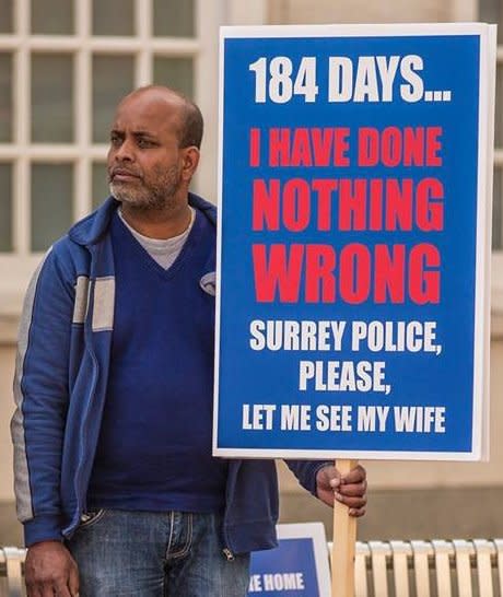 Mahadeva Mahindan protested after being stopped from seeing his wife in a Surrey care home (Bevil Templeton-Smith)