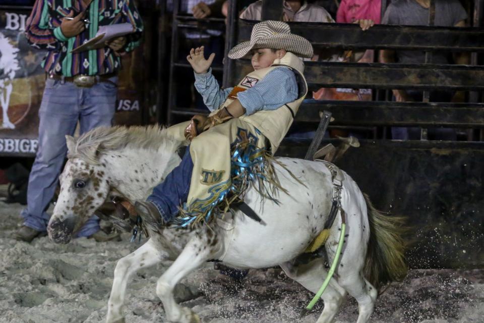 Riders try to stay on for the full eight seconds to move on to the next round of a previous Bulls on the Beach bull riding event at the Flora-Bama in Perdido Key.