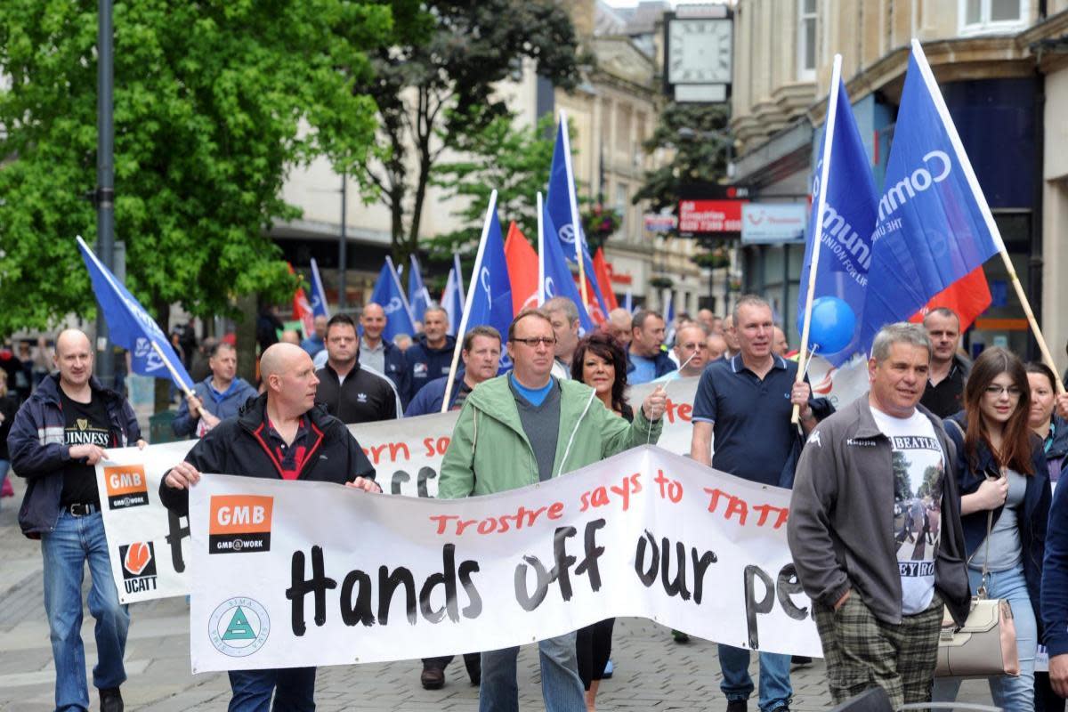 Unions members marching through Newport to protest Tata Steels plans to close the British Steel Pension Plan <i>(Image: Newsquest)</i>