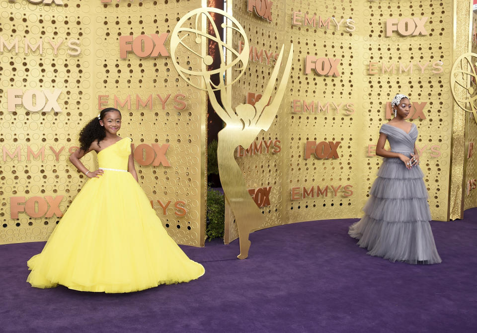 Faithe Herman, left, and Eris Baker arrive at the 71st Primetime Emmy Awards on Sunday, Sept. 22, 2019, at the Microsoft Theater in Los Angeles. (Photo by Jordan Strauss/Invision/AP)