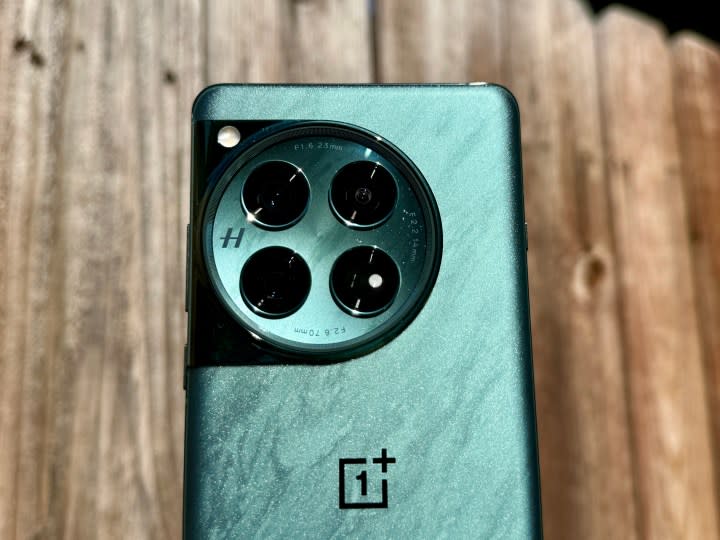 OnePlus 12 in Flowy Emerald showing rear glass and camera module.