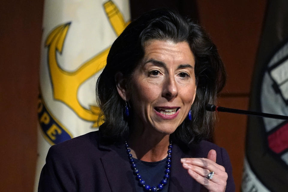 FILE - U.S. Secretary of Commerce Gina Raimondo speaks during an address at Brown University, March 15, 2022, in Providence, R.I. Just days before Russia invaded Ukraine on Feb. 24, President Joe Biden quietly dispatched a team to European Union headquarters in Belgium. Raimondo said what ultimately drove the agreement to an export ban and the groundwork to immobilize about half the foreign holdings of Russia's central bank, was the threat of Putin's imminent attack on Ukraine. (AP Photo/Charles Krupa, File)