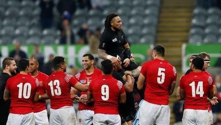 Rugby Union - New Zealand v Tonga - IRB Rugby World Cup 2015 Pool C - St James' Park, Newcastle, England - 9/10/15 Ma'a Nonu is carried by teammates through a guard of honour after his 100th cap for New Zealand Action Images via Reuters / Lee Smith Livepic