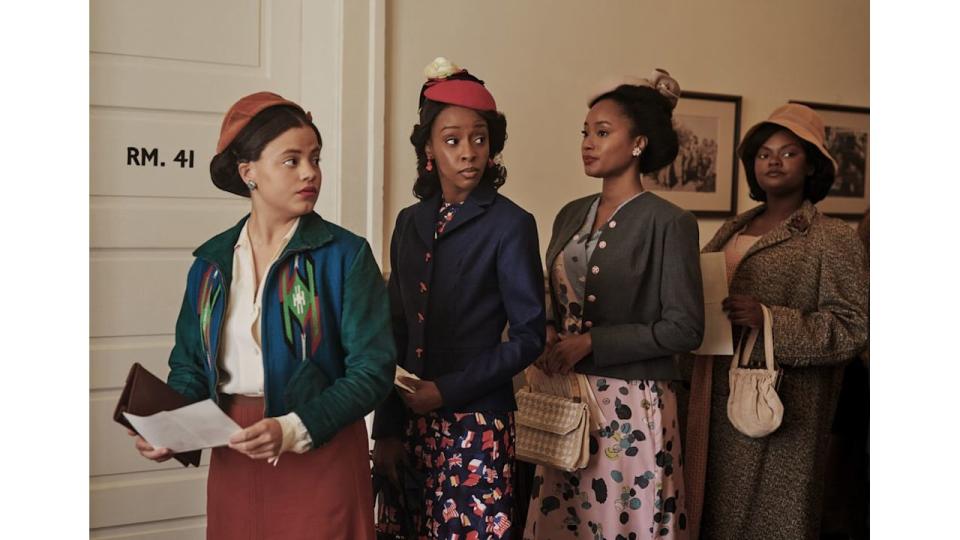 Sarah Jeffrey as Dolores Washington, Ebony Obsidian as Lena Derriecott King, Pepi Sonuga as Elaine White and Shanice Shantay as Johnnie Mae in The Six Triple Eight