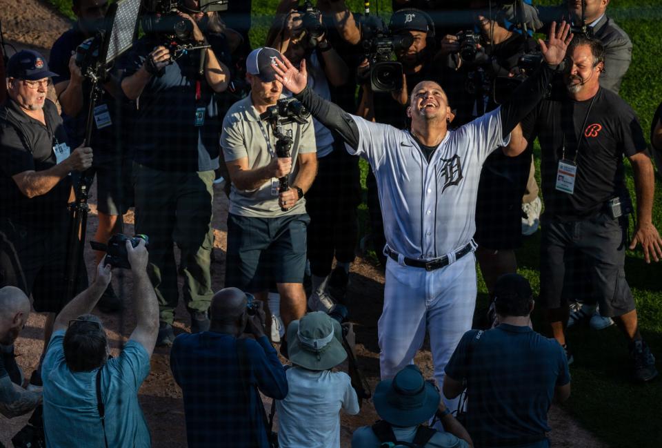 Media members surround legendary baseball player Miguel Cabrera after he gave his final goodbye to the fans during his last game with the Detroit Tigers at Comerica Park in Detroit on Sunday, Oct. 1, 2023.