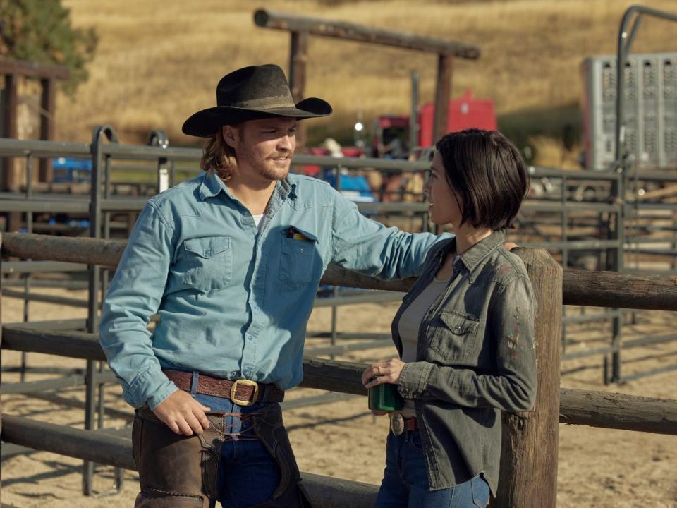 Kayce (Luke Grimes) and Monica (Kelsey Asbille) in "Yellowstone" season five, episode eight.