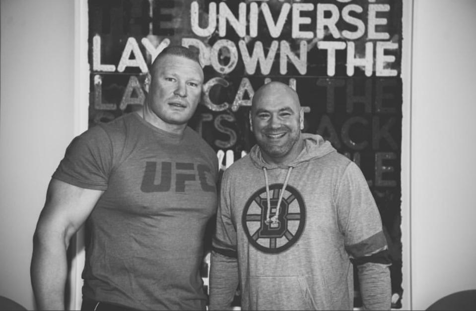 Dana White tweeted this photo with Brock Lesnar during Sunday’s WWE event. (Twitter/@danawhite)