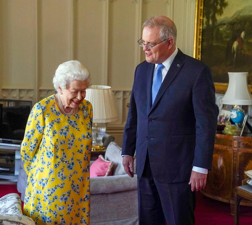 Britain&#39;s Queen Elizabeth II receives Australia&#39;s Prime Minister Scott Morrison during an audience in the Oak Room at Windsor Castle, Berkshire on June 15, 2021. (Photo by Steve Parsons / POOL / AFP) (Photo by STEVE PARSONS/POOL/AFP via Getty Images)