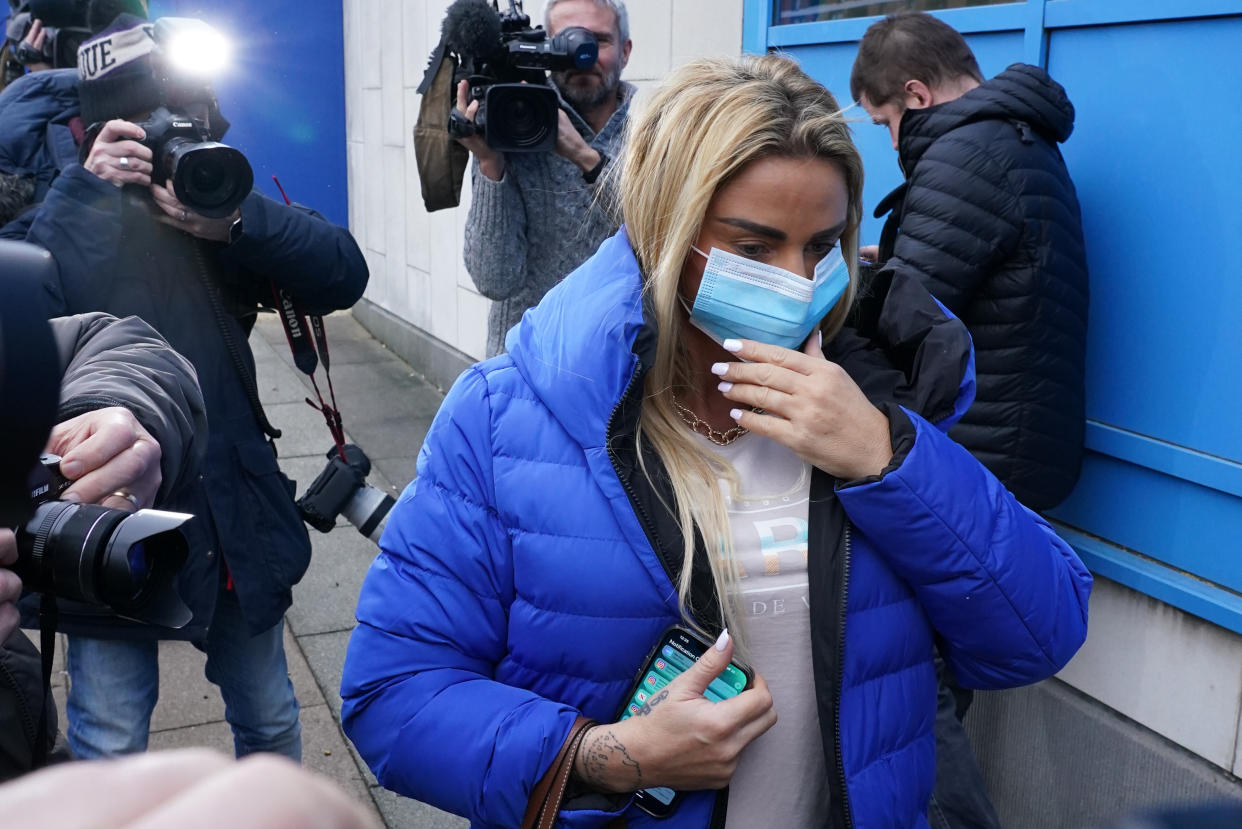 Katie Price arrives at Crawley Magistrates' Court in West Sussex to be sentenced for drink-driving. Picture date: Wednesday December 15, 2021.