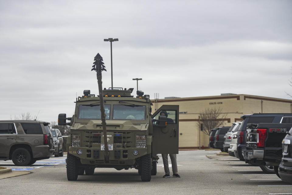 COLLEYVILLE, TX - JANUARY 15: An armored truck is parked in the parking lot of Colleyville Middle School on January 15, 2022 in Colleyville, Texas. Police responded to a hostage situation at Beth Israel Congregation synagogue after reports of a man with a gun was holding hostages. (Photo by Emil Lippe/Getty Images)