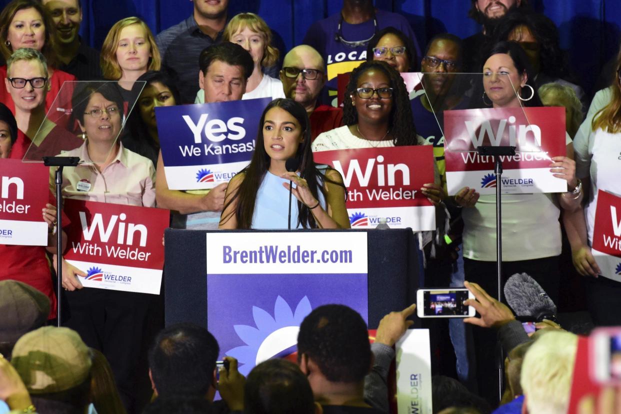 New York congressional candidate Alexandria Ocasio-Cortez speaks in support of Kansas Democrat Brent Welder in Kansas City, Kansas, on Friday night. (Photo: Luke Harbur /The Kansas City Star via AP)